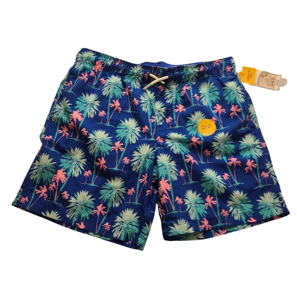 Cat‎ & Jack Boys Palm Tree Swim Trunks Blue Pink Husky L 10/12 UPF 50+ New NWT